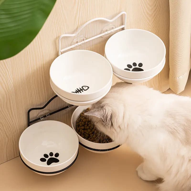 Wall Mounted Ceramic Double Pet Bowl Anti Spill Neck Protection Cat Dog Food Water Feeder Basin For Small Pets