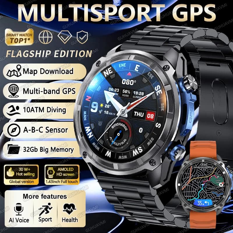 2026 New GPS Multisport Smart Watch Offline TopoMap Download 32Gb Memory 860mAh Battery ABC Sensor 10ATM Dive Level Smartwatch