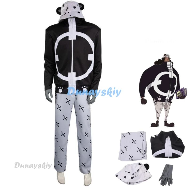 Anime Bartholemew Kuma Costume Cosplay Sorbetto Regno Pacifista Cappotto nero Cappello Uniforme Set completo Uomo adulto Carnevale Vestito di Halloween