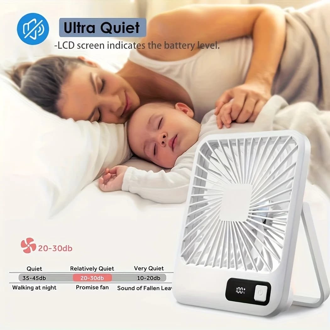 Nuovo Ventilatore da Scrivania, Ventilatore Portatile Ricaricabile USB, 180 ° Ventilatore personale pieghevole e inclinabile con display di alimentazione, ventilatore da tavolo ultra silenzioso a 5 velocità