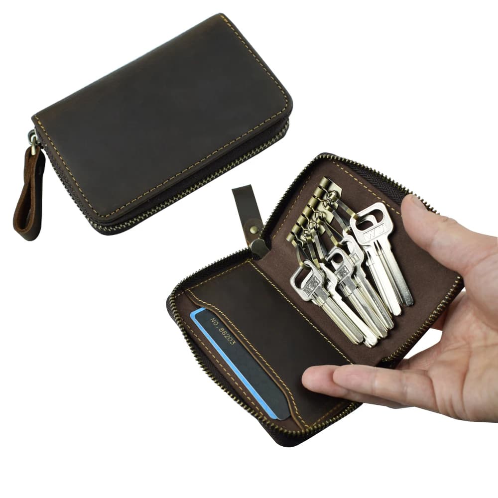Portachiavi multifunzione in pelle – Portafoglio con cerniera e tasca interna per carte con gancio in metallo, organizer da viaggio portatile per uomo