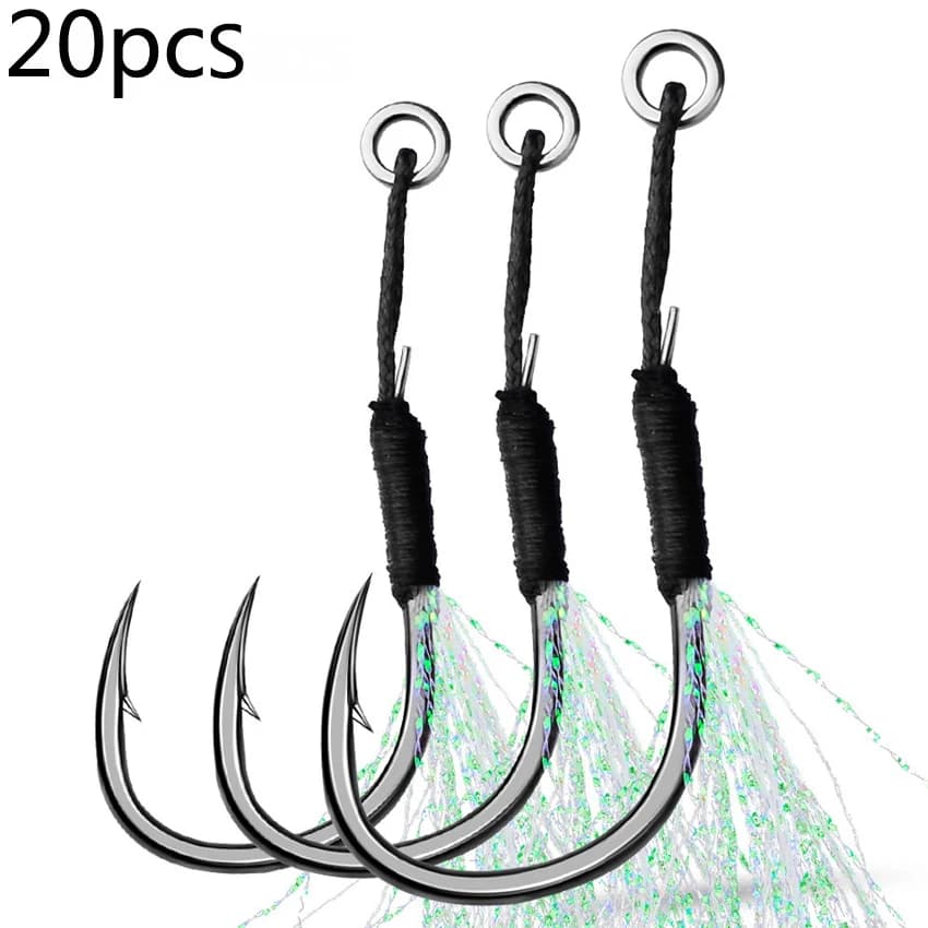 20pcs Sharp Assist Hook High Carbon Steel Angle Barbed Thread Feather Gear Fishing Tackle Ring Jigging Tool Pesca Lure Fishhook
