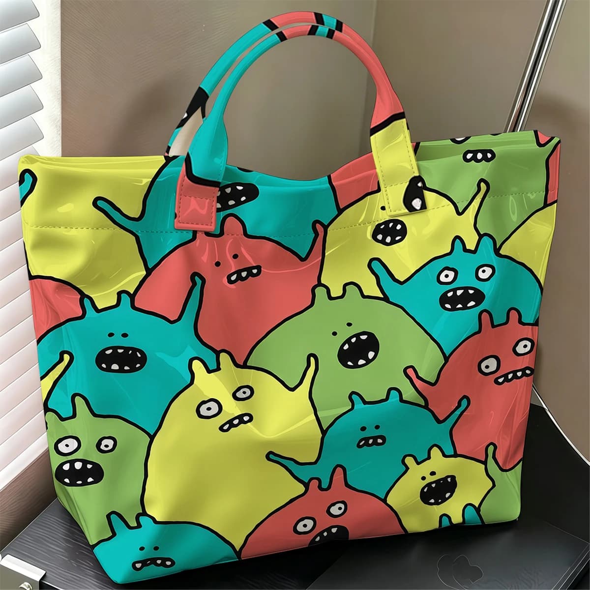 Cute Monster Doodle Hot Sale Large Glossy PVC Tote Bag Hand Washable Waterproof Great for Travel Commute Makeup Storage Handbags