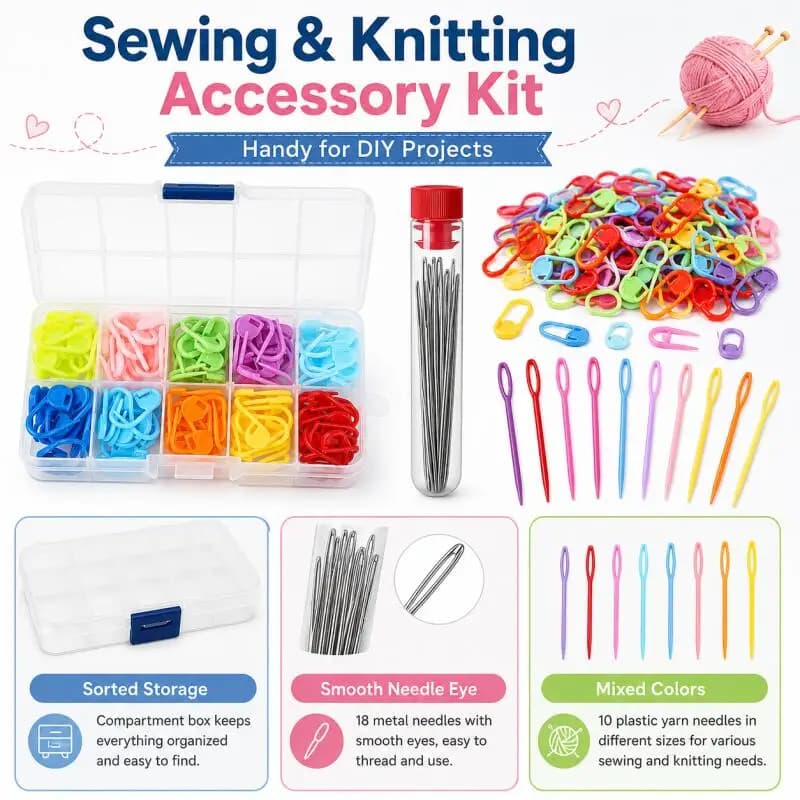 Sewing Knitting Kits Large Eye Blunt Yarn Needles & Plastic Weaving Needles & Crochet Locking Counter Stitch Markers Tools