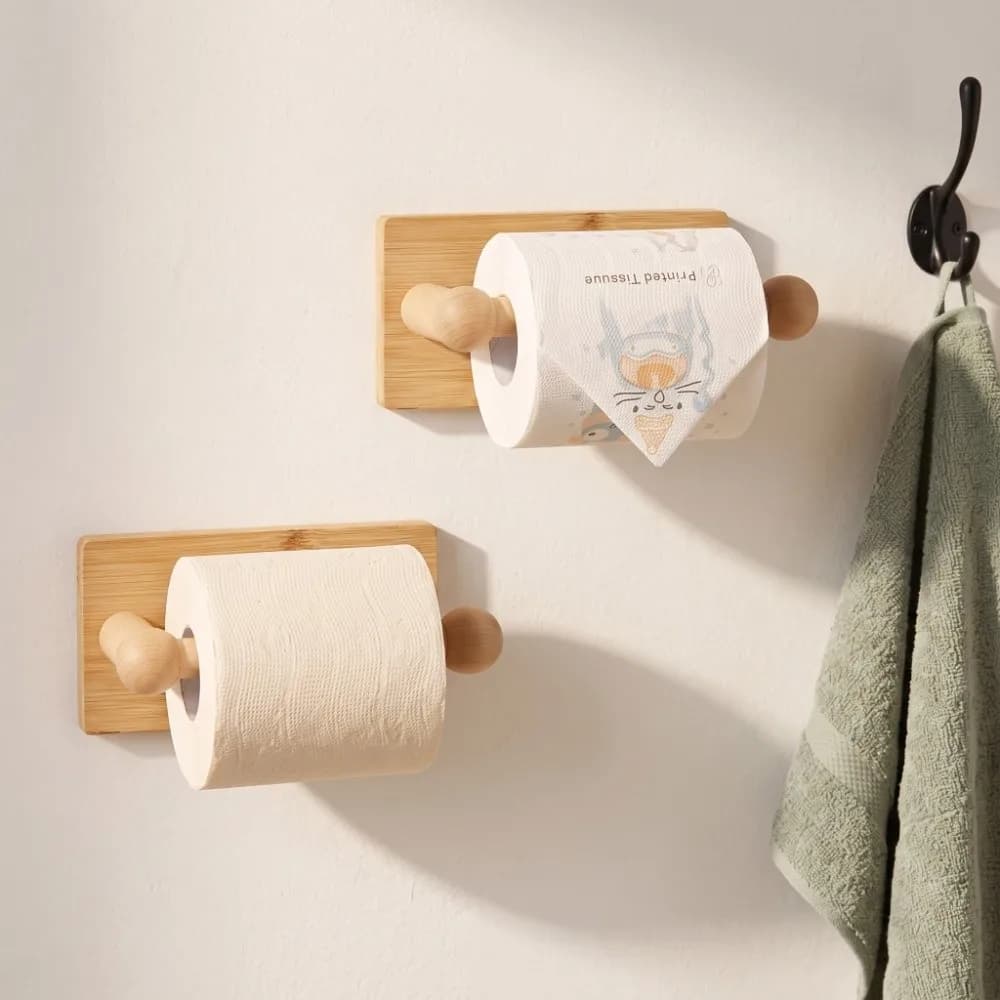 Wood Grain Bamboo Toilet Paper Holder Wood Grain Drill-Free Paper Towel Rack Retro Rustroof Paper Roll Stand Bathroom