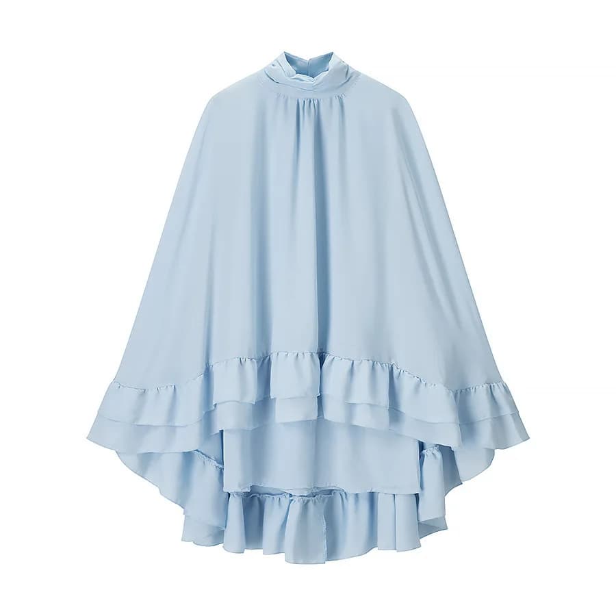 2025 Mini abito con volant da donna nuovo da donna in chiffon allentato collo alto manica a tromba abito blu 2025 abito da vacanza estivo da donna