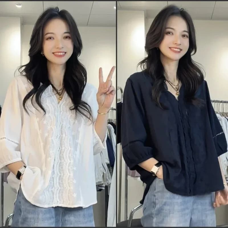 Women's V Neck Lace Blouse 3/4 Sleeve Loose Casual Cotton Shirt White Black