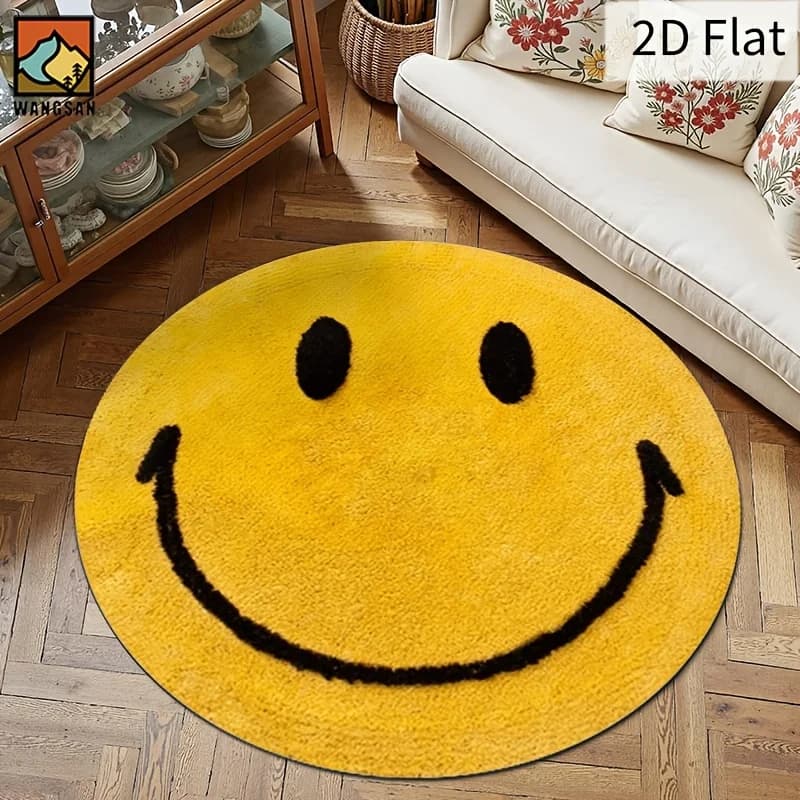 Tappeto Rotondo in Flanella 2D con Design Sorridente, Morbido Tappetino per Pavimento, Decorazione Casa, Area Giochi per Bambini, Tappeto Antiscivolo