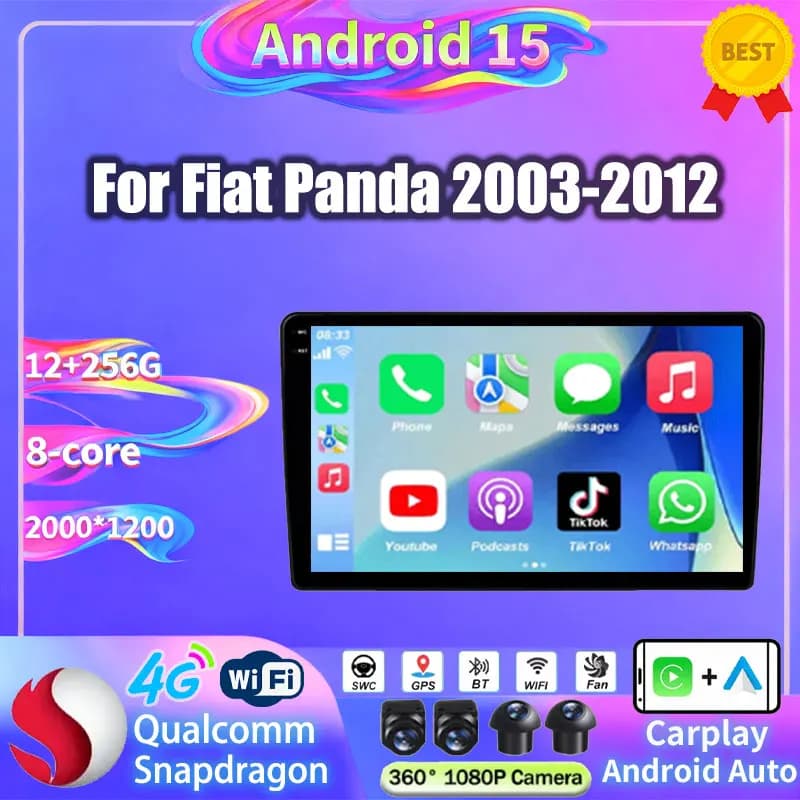 Android 15 Car Radio For Fiat Panda 169 2003 2004 2005- 2012 Carplay Auto GPS Navigation 360 Camera Stereo 2 Din Video Player BT