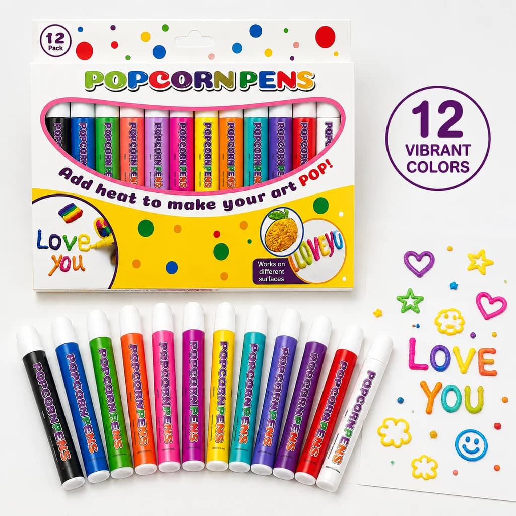 6/12Pcs Popcorn Pens, Bubble Puffy Pens 3D Art Kit Safe Puffy Pen DIY Bubble Popcorn Drawing for Greeting Birthday Cards School