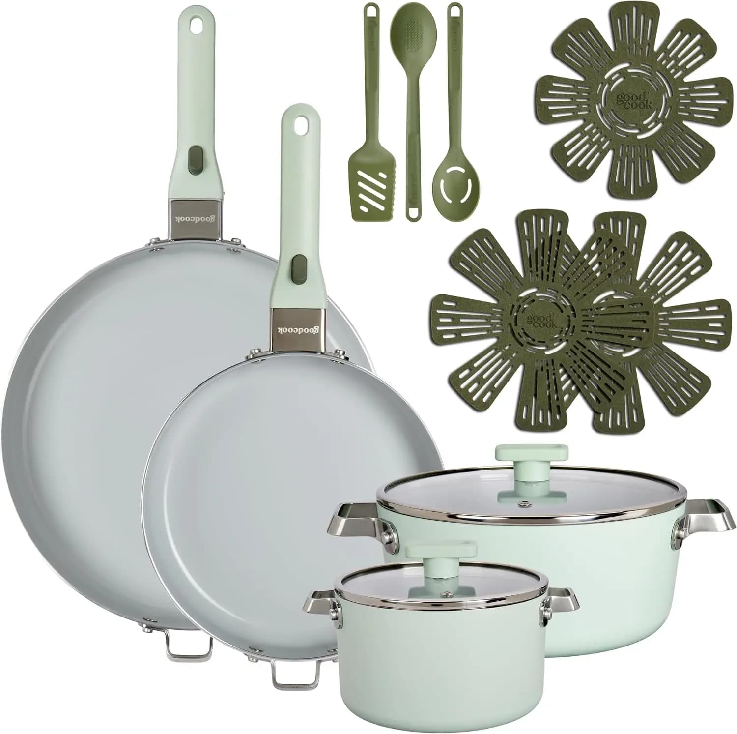 Ceramic Cookware Set Removable Handles Sage Green 2Qt Saucepan 95 12In Fry Pans 4Qt Dutch Oven 2 Lids Induction Oven Safe