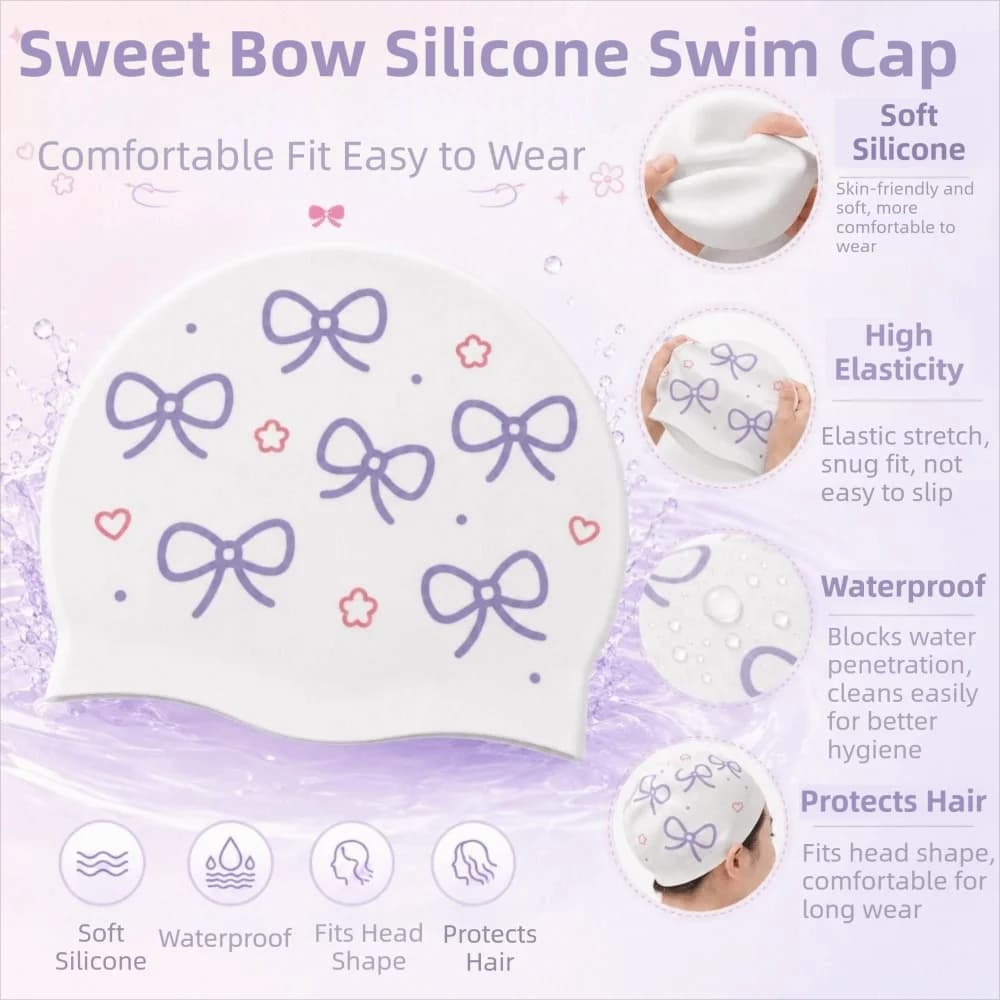 Comfortable Wear Creative Bow Print Swimming Hat Funny High Elastic Bathing Caps Waterproof Comfortable Diving Hat Swimming Pool
