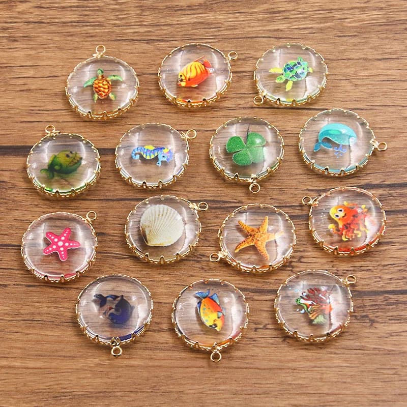 2 pezzi mix vita marina 18 carati ciondoli in rame circolare pendente in vetro trasparente risultati fai da te braccialetti portachiavi per la creazione di gioielli