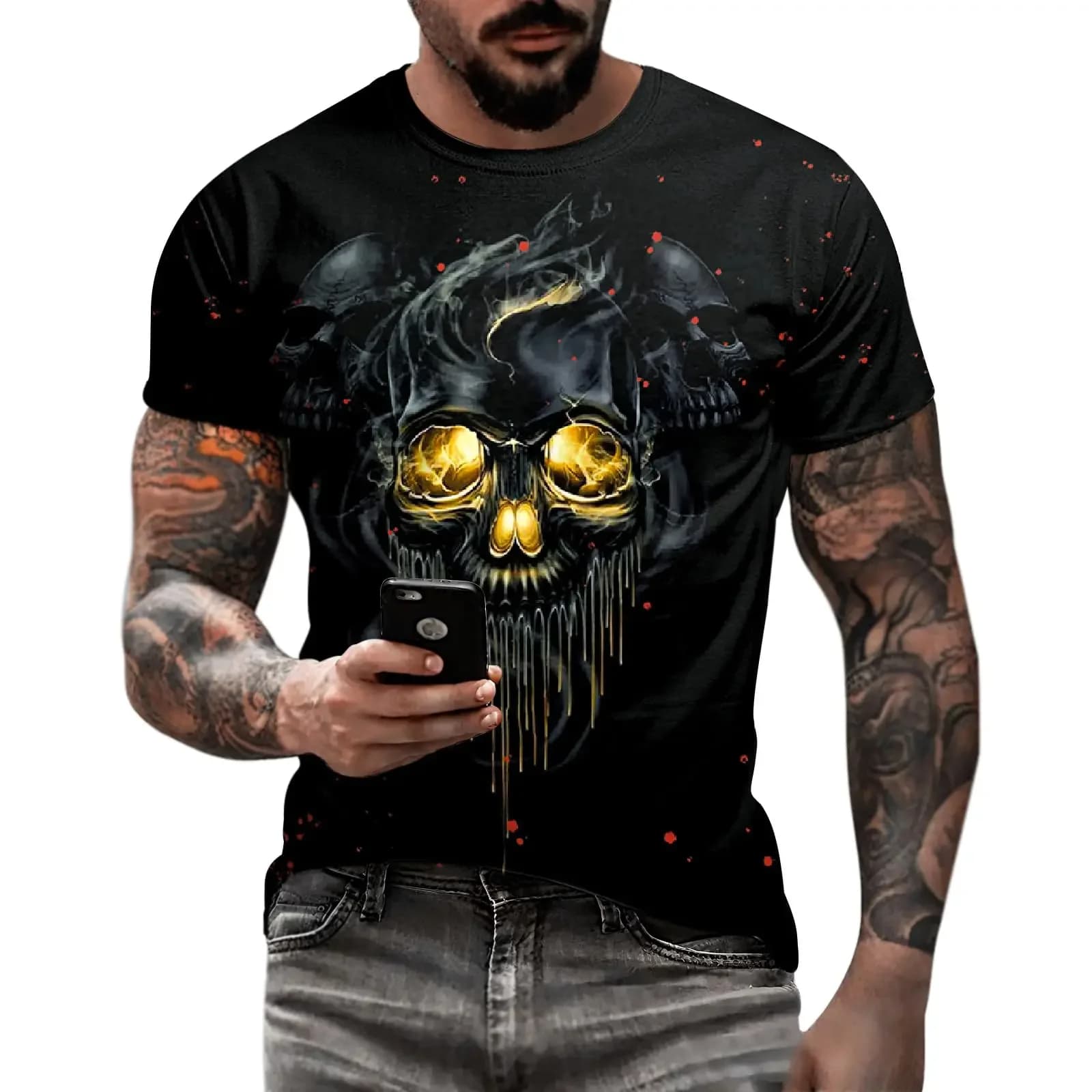 Maglietta da uomo con stampa teschio 3D, stile street rock, vintage gotico, girocollo, moda hip hop.