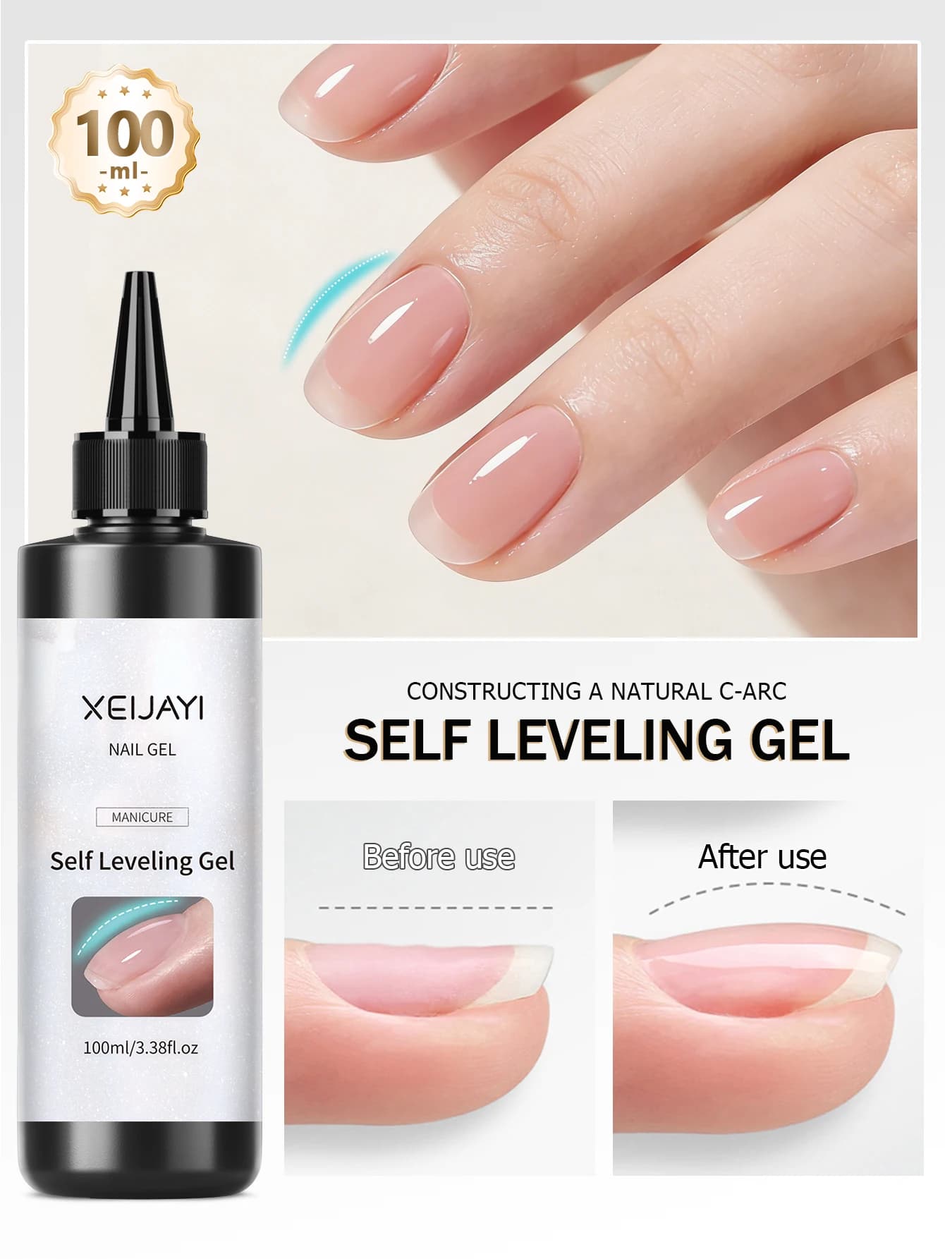 1 smalto gel rinforzante trasparente da 100 ml, utilizzato per rinforzare, allungare e preparare le unghie, gel UV/LED in flacone rimovibile.