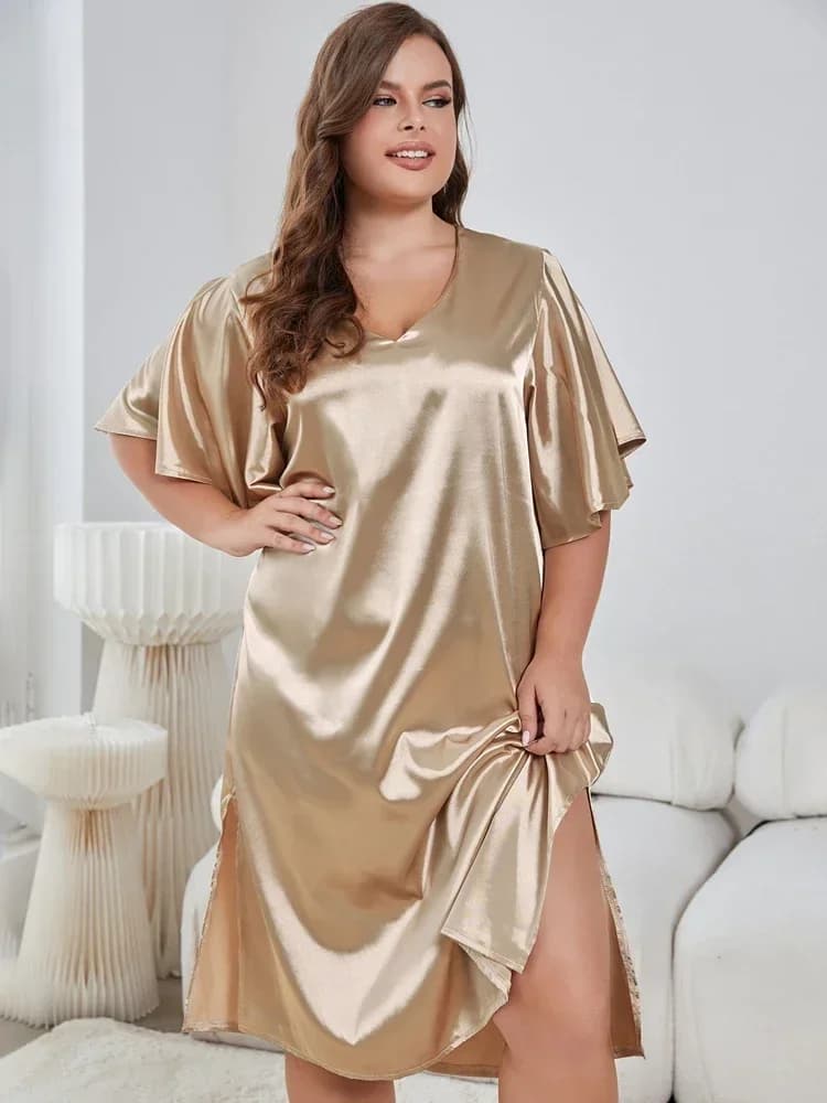 Plus Size Sleepwear Dresses V Necked for Women Pajama Ruffled Short Sleeves Side Split Homewear Female Nightwear Loungewear