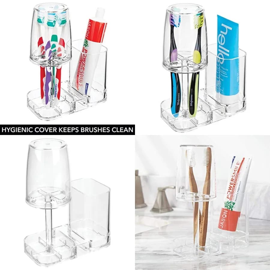 Portaspazzolino e Portadentifricio Moderno in Plastica per Bagno con Bicchiere/Coperchio - Supporto per Spazzolini Elettrici - Trasparente