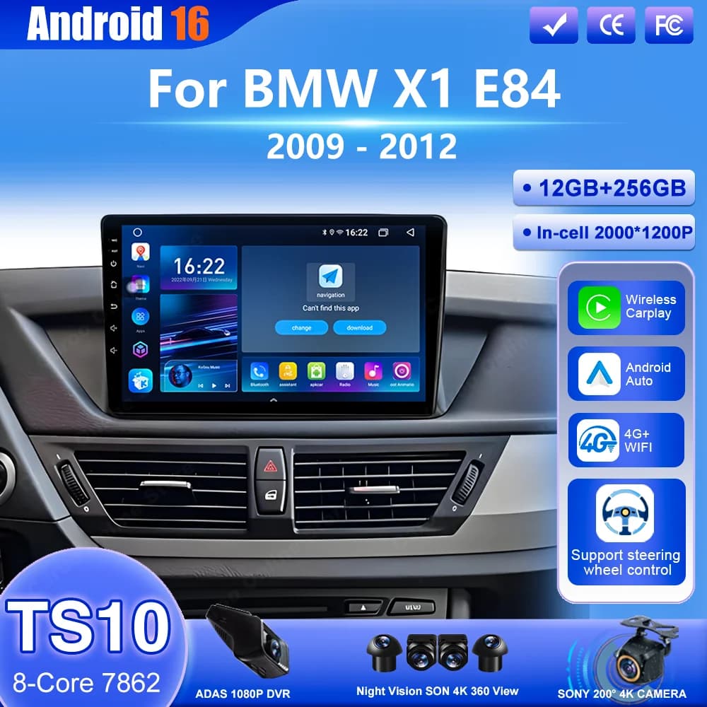 Autoradio Android 16 per BMW X1 E84 2009 2010 2011 2012, Lettore Multimediale con Carplay Wireless, GPS 4G, Senza DVD 2DIN