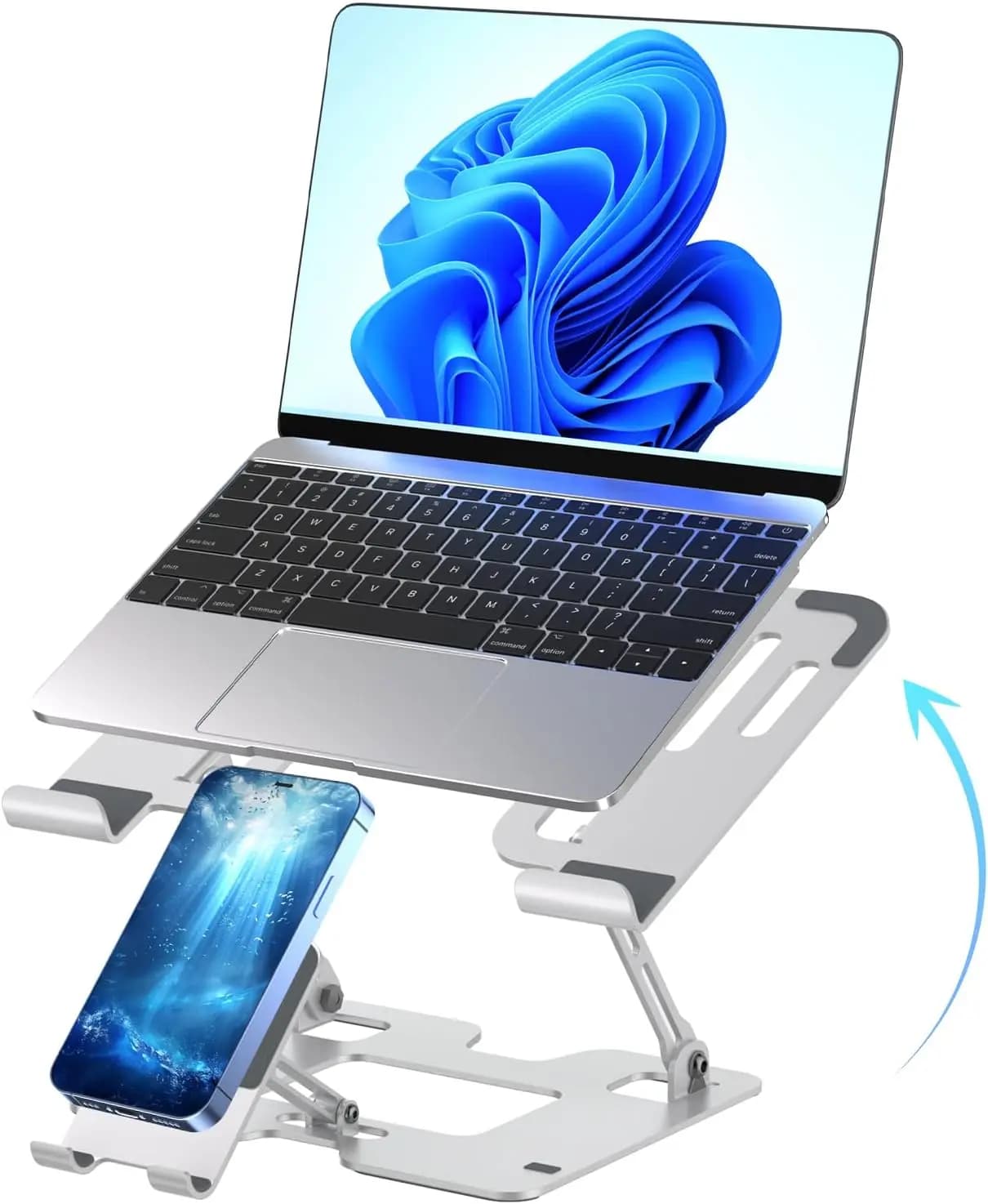 Supporto Regolabile 2-in-1 per Laptop e Telefono, Rialzo Ergonomico da Scrivania per Tutti i Dispositivi, Supporto Portatile Bianco