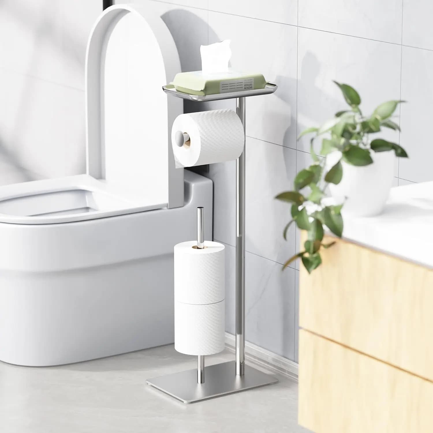 Portarotolo da terra con ripiano portaoggetti, contiene 4 rotoli per l'organizzazione del bagno