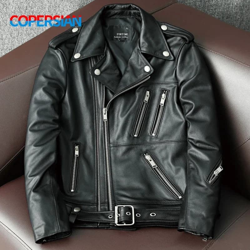 2023 nuova giacca in vera pelle di mucca uomo autunno inverno cappotti maschili cerniera diagonale e abbigliamento da moto sottile multitasche