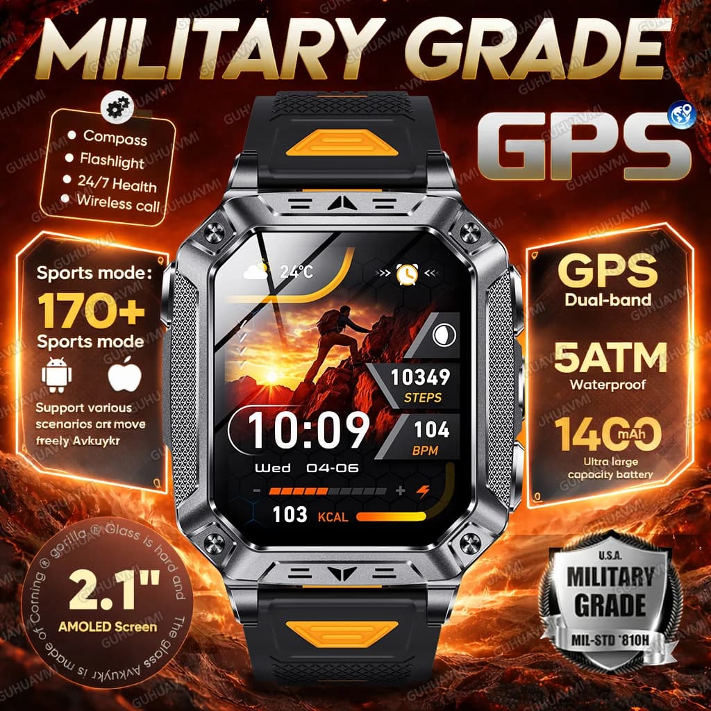 Nuovo Smartwatch Militare 2026 con Batteria da 1400mAh, GPS, Impermeabile 5ATM, Torcia, Cardiofrequenzimetro, Display 2.1" Resistente per Uomo