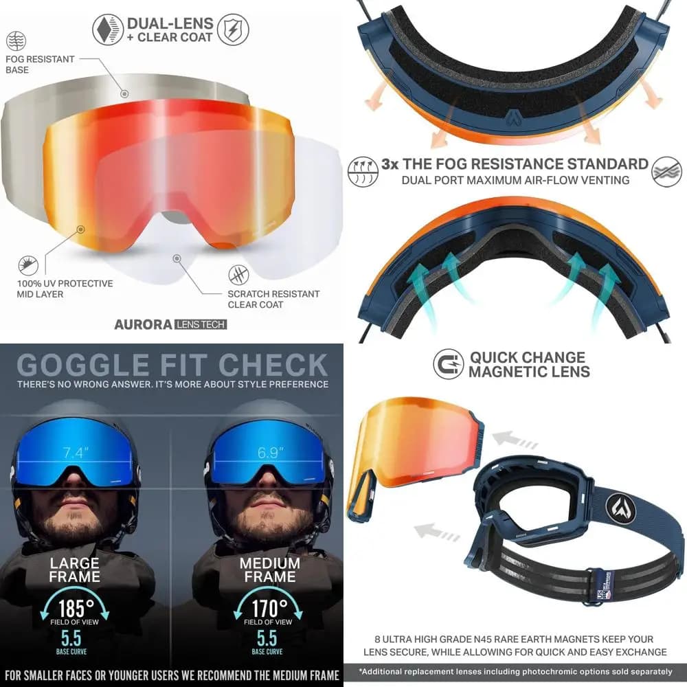 Campo visivo ultra ampio 185 ° Occhiali da sci per uomo e donna, antiappannamento, resistenti ai graffi, protezione UV al 100%.