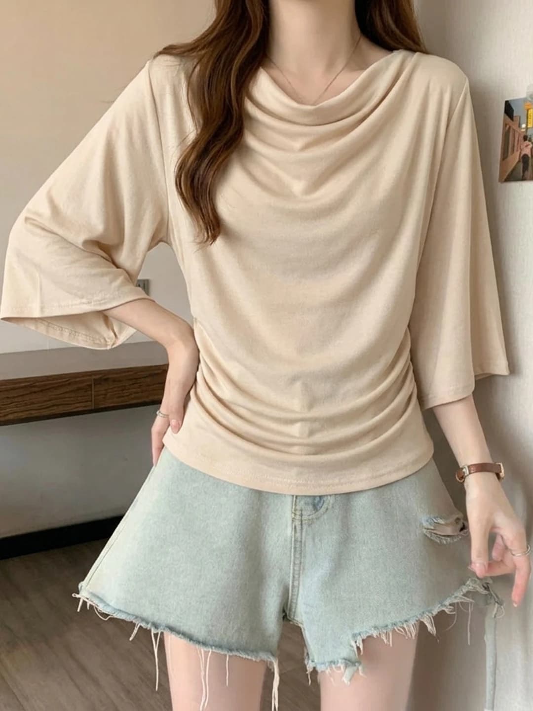 Elegant Short Sleeve T-Shirt Women's Summer plus Size Slimming Waistline One-Shoulder Flounce Neckline Versatile Stylish Top
