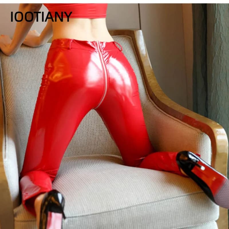 Sexy rosso nero PU pantaloni Skinny in ecopelle con apertura sul cavallo Leggings donna cerniera con apertura sul cavallo pantaloni Slim