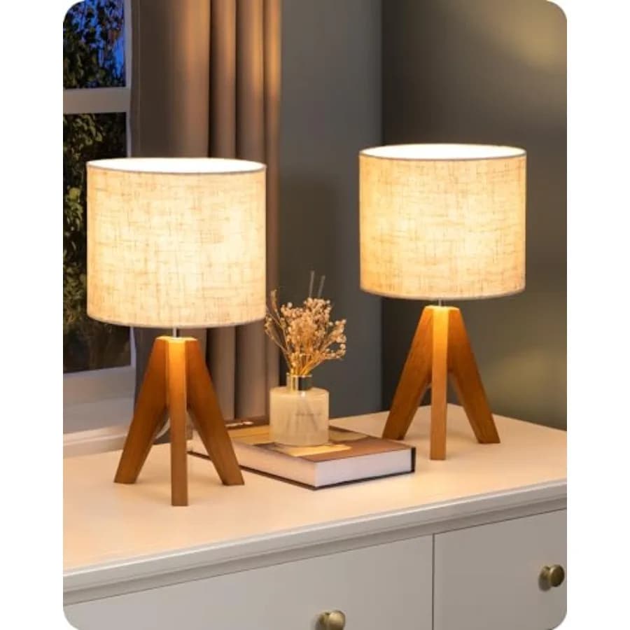 Small Table Lamp, Wooden Tripod Bedside Lamp with Linen Fabric Lampshade, 14.2" Nightstand Lamp for Bedroom, Living Room, Offic