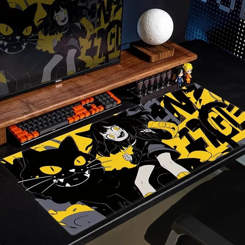 Anime Black Cat Gaming Mouse Pad Yellow Manga Girl Desk Mat Large Non-Slip Rubber Keyboard Pad for PC Computer Gamer Setup