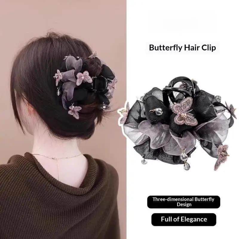 Mesh Butterfly Shark Hair Clip Women Crystal Tassel Ponytail Claw Clip Non Slip Updo Hair Accessories For Daily Party Wedding
