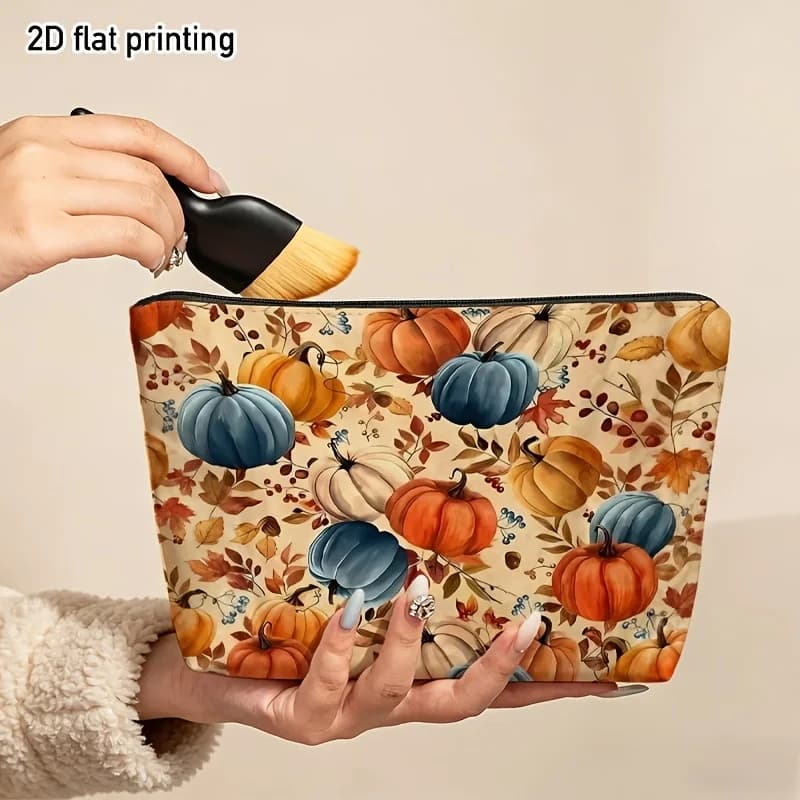 Autumn Pumpkin Fall Leaves Makeup Bag Linen Double Sided Suitable for Cosmetics Storage Compact Travel with Vibrant Harvest