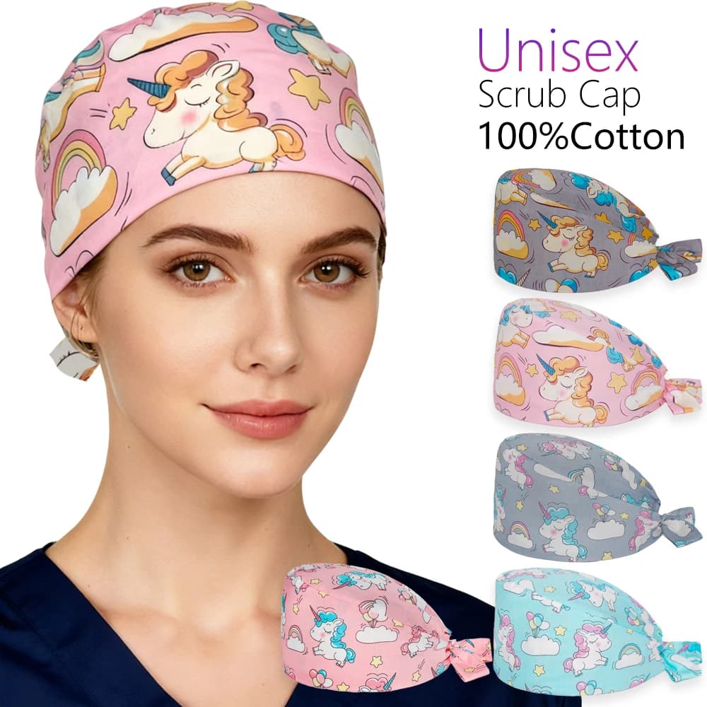 Donna Uomo Berretto chirurgico Unicorno stampato Infermiera Spa Estetista Chef Allenamento Cappello pulito Ospedale medico Sala operatoria Scrub Caps