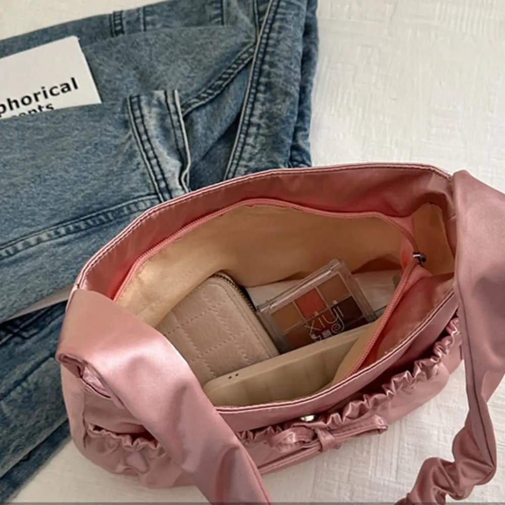 Borsa a mano casual in raso plissettato stile coreano, borsa a tracolla portatile INS, borsa a spalla di lusso alla moda con fiocco per ragazze