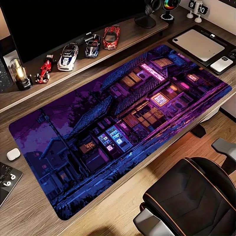 Tappetino per Mouse da Gioco Esteso con Scena di Strada Giapponese in Pixel Art, Tappetino da Scrivania Antiscivolo in Gomma per Giocatori e Ufficio