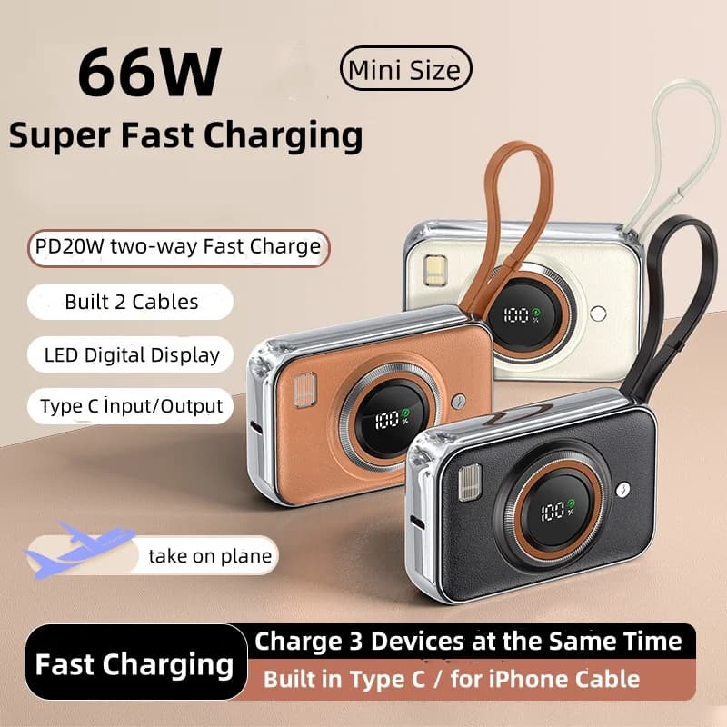 66W Fast Charging Power Bank 10000mAh Portable Charger Powerbank with Cable PD20W Type C for iPhone 16 15 Samsung Spare Battery