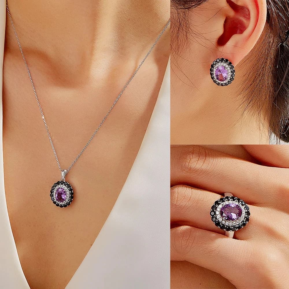 Gorgeously Designed Color-Changing Gemstone Nano Alexander Ring Earrings Necklace Set Women's S925 Silver Light Luxury Jewelry