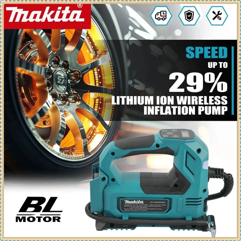 Pompa ad aria senza fili Makita: Gonfiatore portatile per pneumatici con display digitale, batteria da 18V per auto e moto