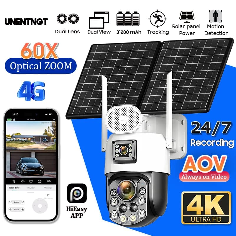 Dual Screens AOV 7/24 Recording Solar Surveillance Camera Dual Lens 4G 60X Optical Zoom Human Auto Tracking 4K Home Security Cam