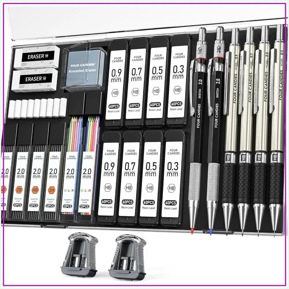 27PCS Mechanical Pencil Set with Case, 0.3-2mm & 552 Lead Refills, Art Drawing Kit for Teens Adults