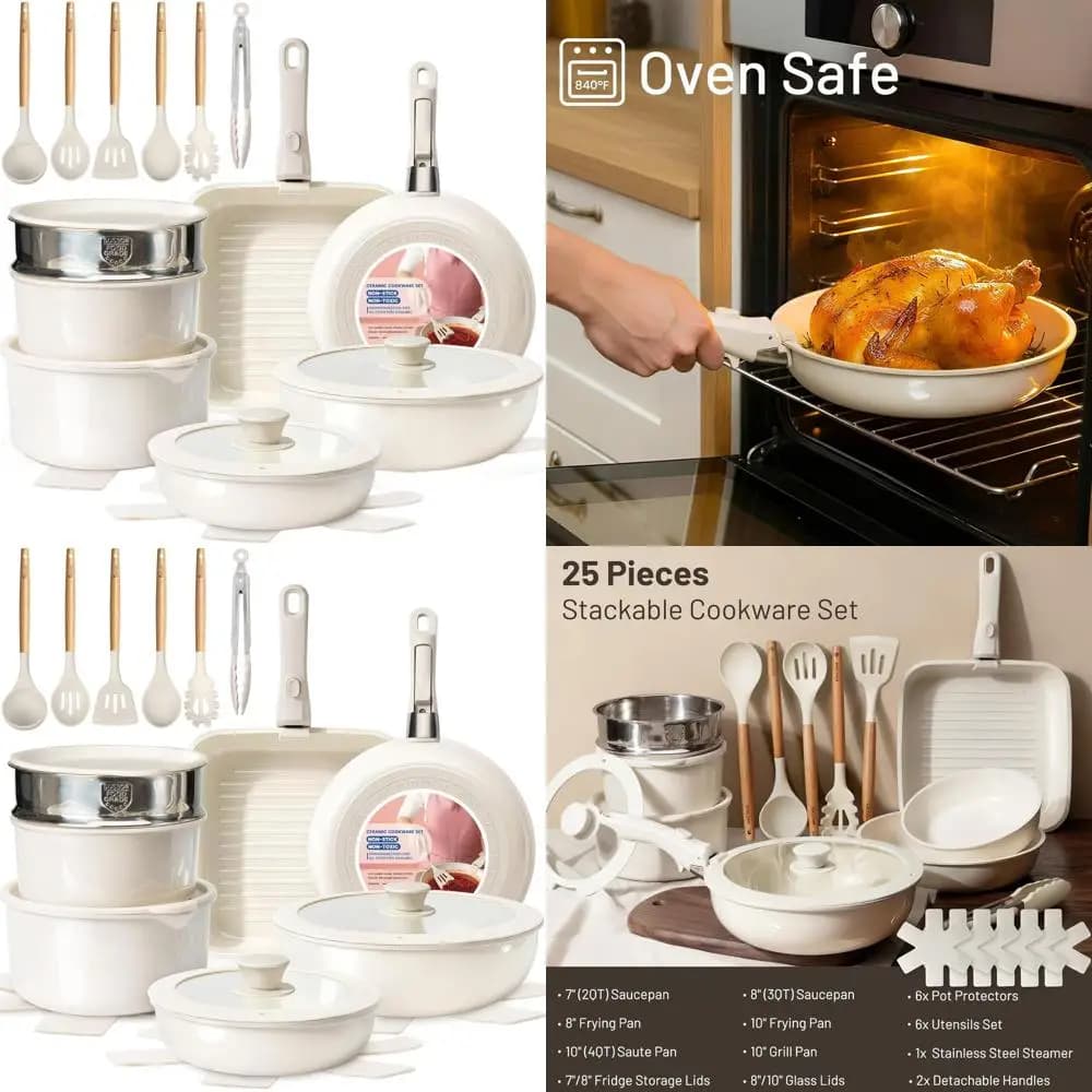 Set of stackable non-stick pots for campers - Pots and pans with a detachable handle of 25 pieces with steam pan and cooking - Induction, dishwasher
