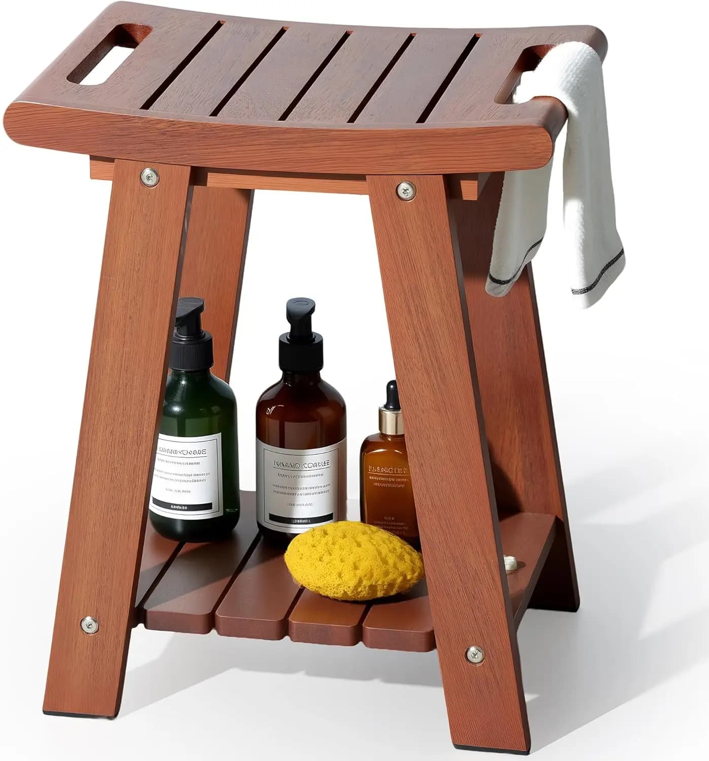 Teak Shower Stool with Shelf & Towel Bar, Teak Wood Shower Bench for Shaving Legs, 14" Waterproof Bath Seat for Small Bath