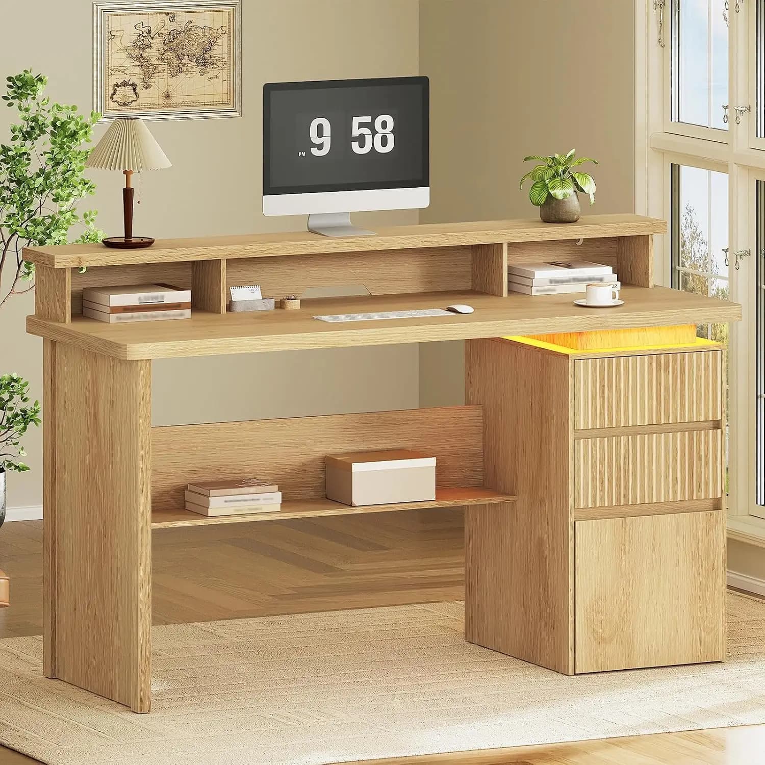 59" Executive Desk with Drawer, Fluted Computer Desk with File Drawer, Monitor Stand, Home Office Desk with, Customized
