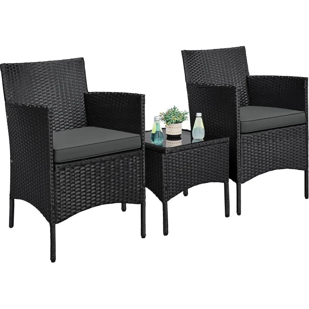 3 Pieces Patio Porch urniture Set, Outdoor PE Rattan Wicker Contion Set with Sot Cushions, Glass Coee Table & 2 Chairs or Garden