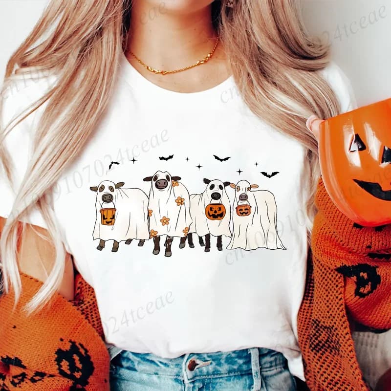 Mucche di moda Halloween Stampa T-shirt da donna Manica corta T-shirt casual per mucche spettrali Halloween Abbigliamento donna Top Tees