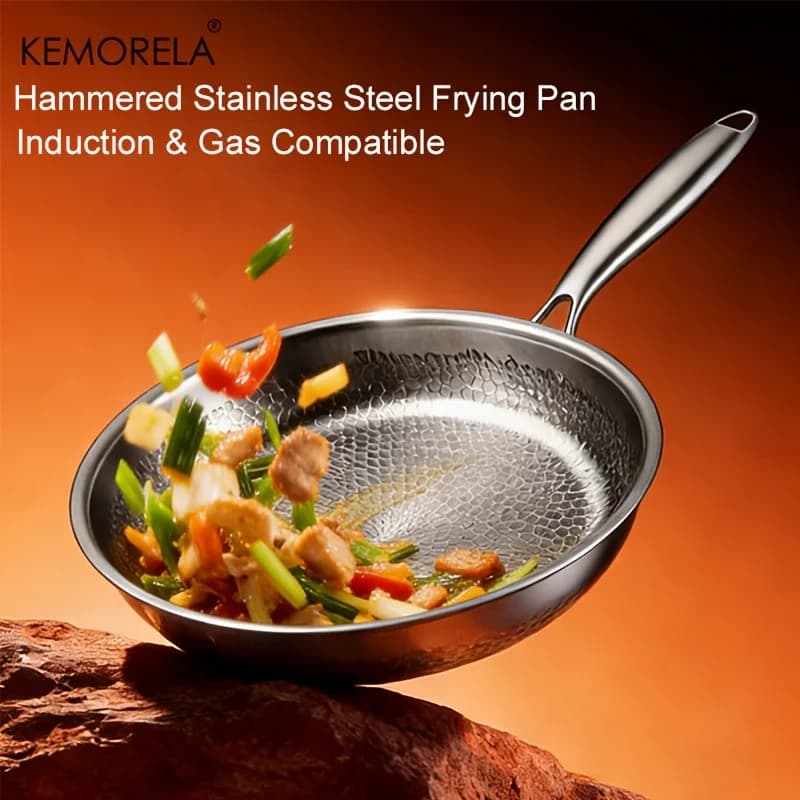 Hammered Stainless Steel Skillet 26/28/30Cm Thick Coating for Non-Stick Suitable for Induction Gas for Cooking Steaks Vegetables