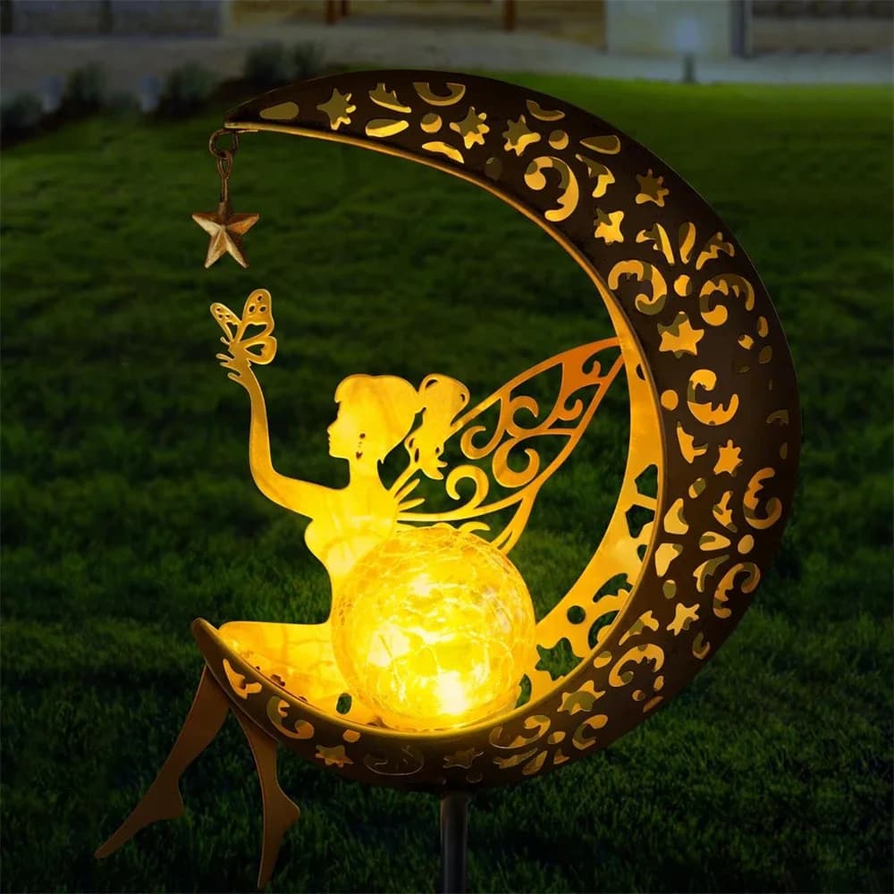 Lampada solare da giardino decorativa per esterni, fata lunare, globo di vetro, decorazione angelo, lampada solare impermeabile per percorso, prato, patio