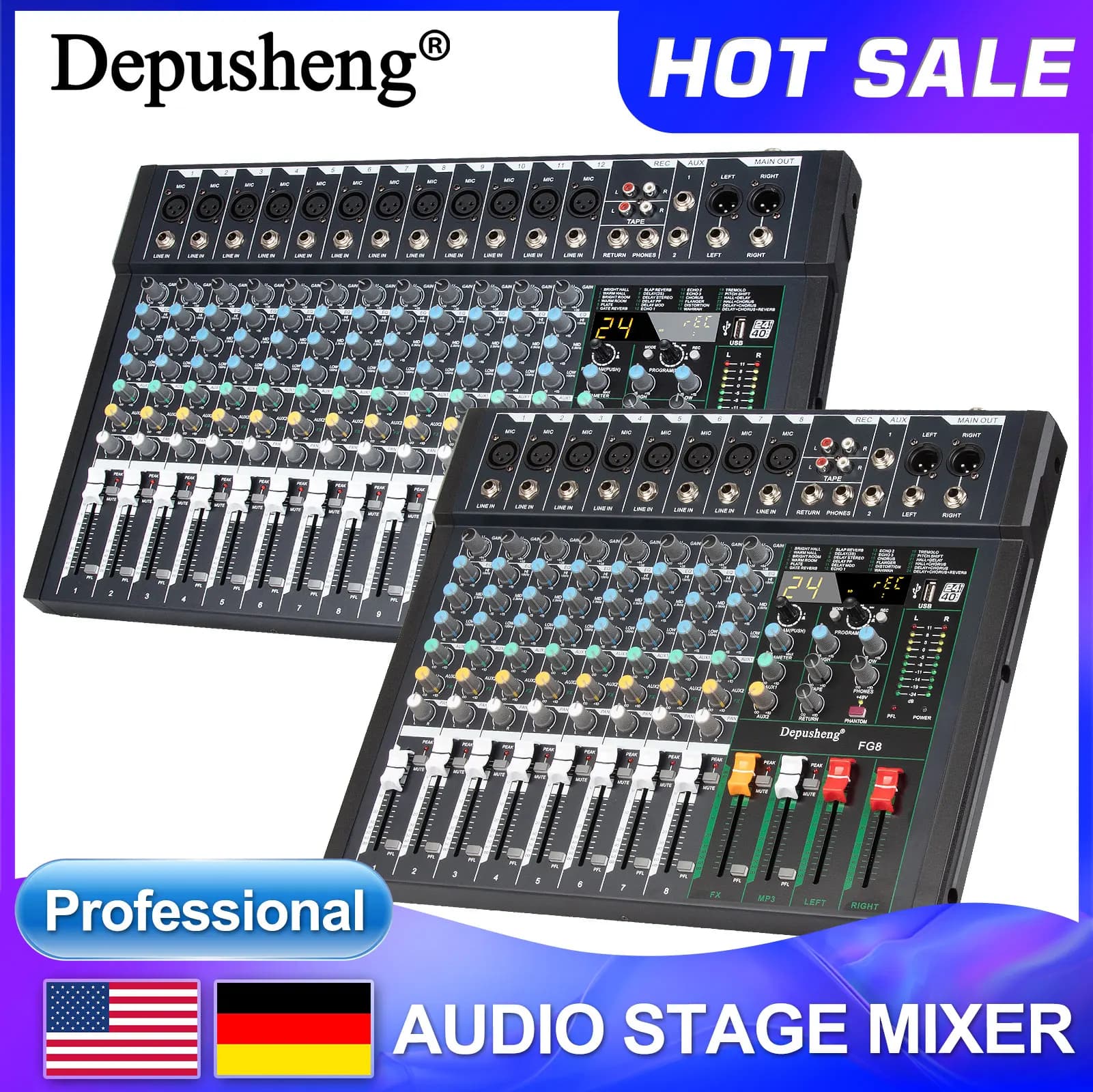 Mixer Audio Professionale 8/12 Canali DJ 24DSP per Musica e Karaoke, Mixer Stereo per Registrazione e Palco