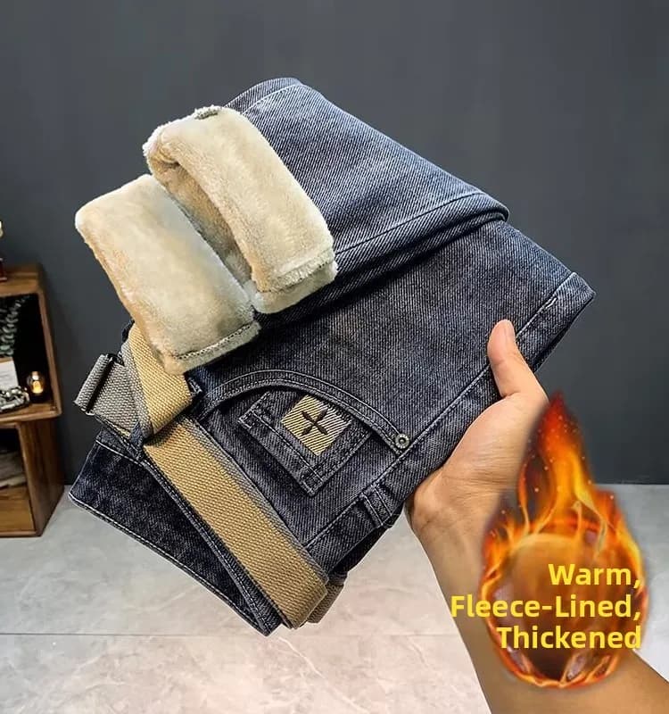 Men's Fleece Lined Thickened Winter Straight Leg Jeans Slim Fit Bootcut Trousers Elastic Versatile Long Pants Trendy Brand